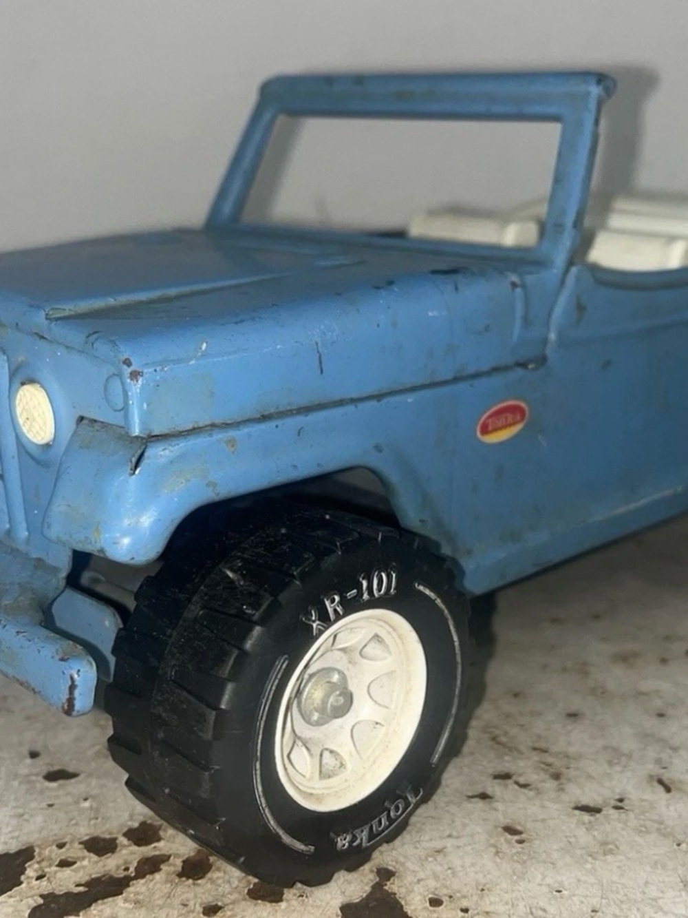 Tonka Blue Toy Jeep with Black Wheels and White Interior